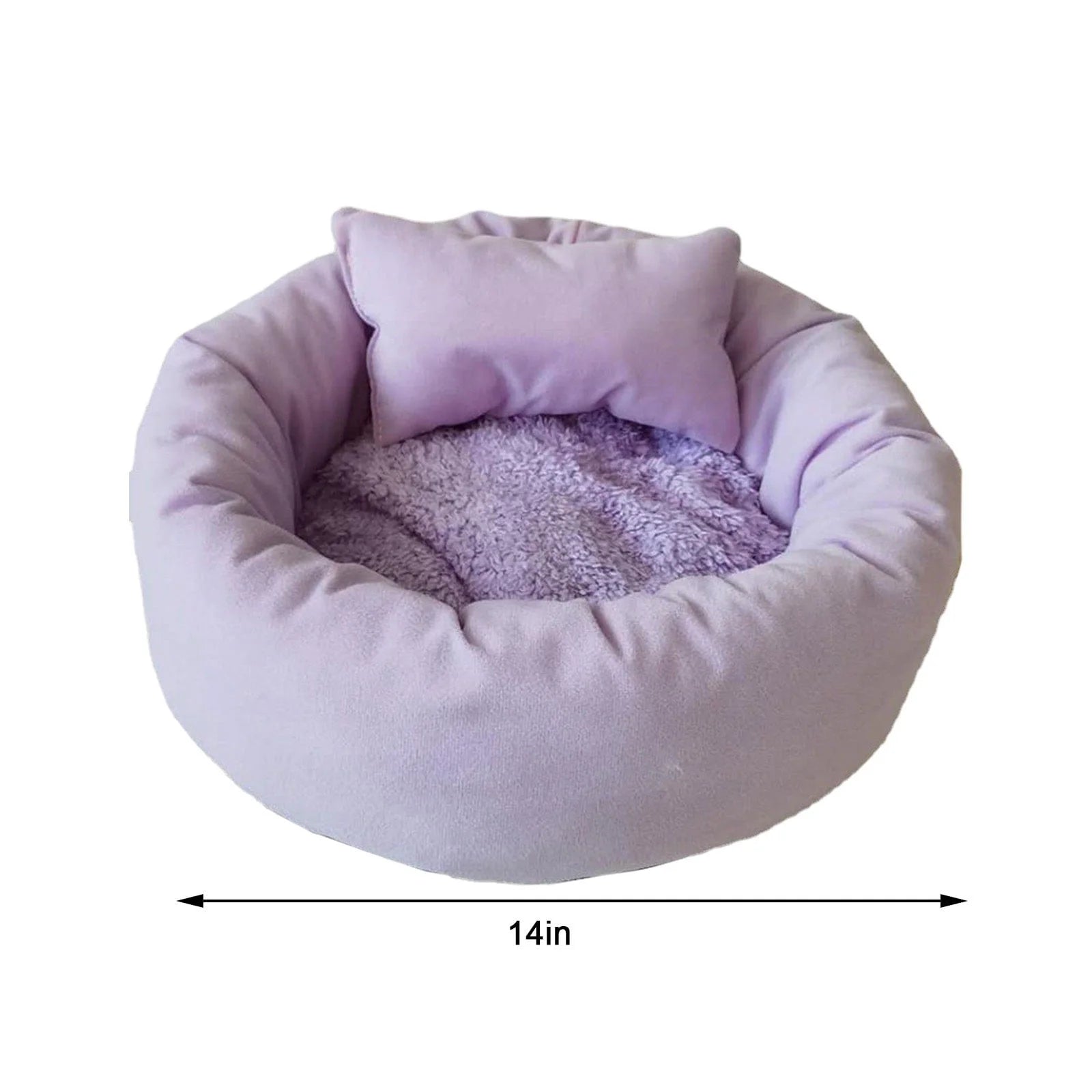 14In round Cat Beds for Indoor Cats Small Dog Bed with Pillow, Washable Soft Plush Calming Pet Bed for Kittens Puppy, Purple