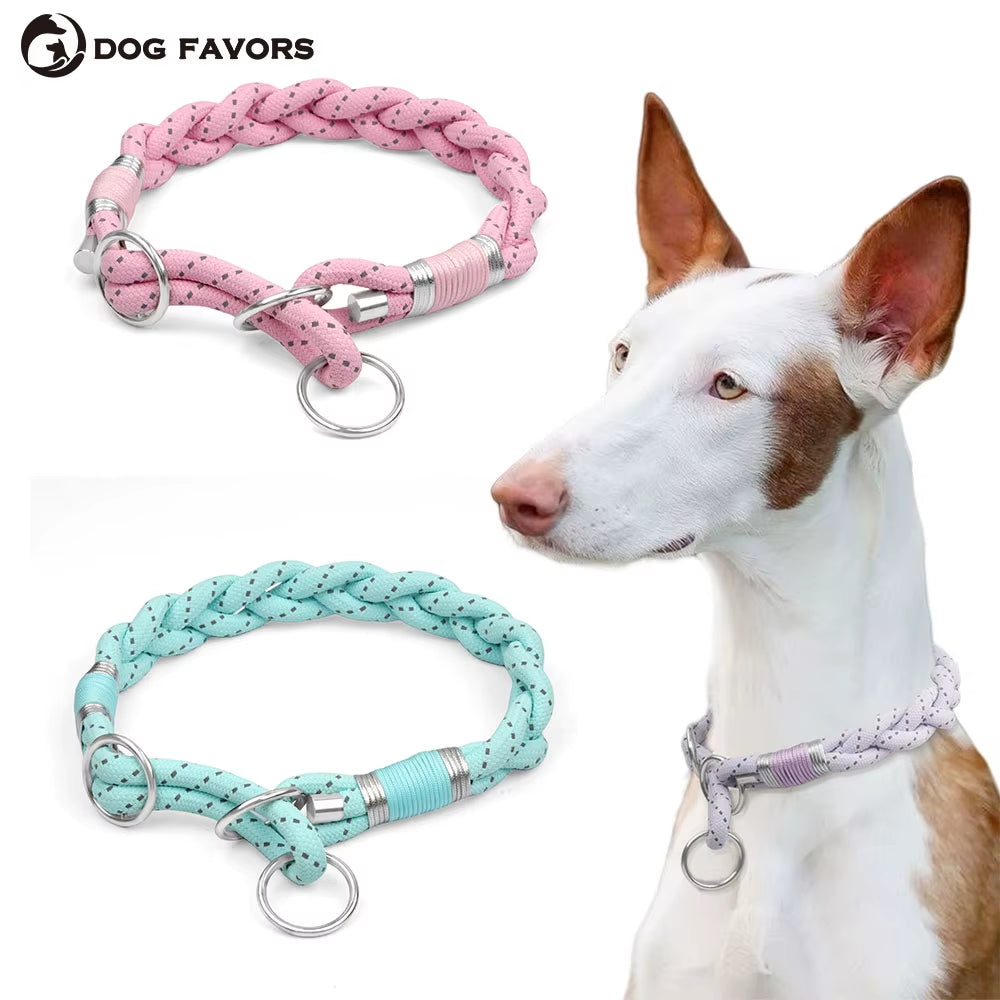 Braid Twisted Design Collar for Dog Strong Solid with Reflective Effect Pet Collars Sky Blue and Pink Colors New Training Collar