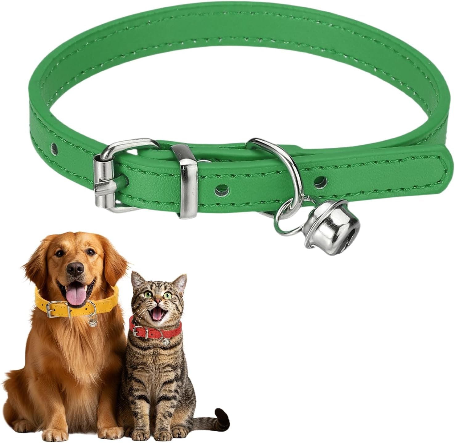 Dog Collar with Bell, Pu Leather Cat Collars Pet Basic Soft Padded Adjustable Buckle, 14.5" (Blue, 1 Pcs), Intended for Teacup/Little Dog/Kitten Cats/Small Animals