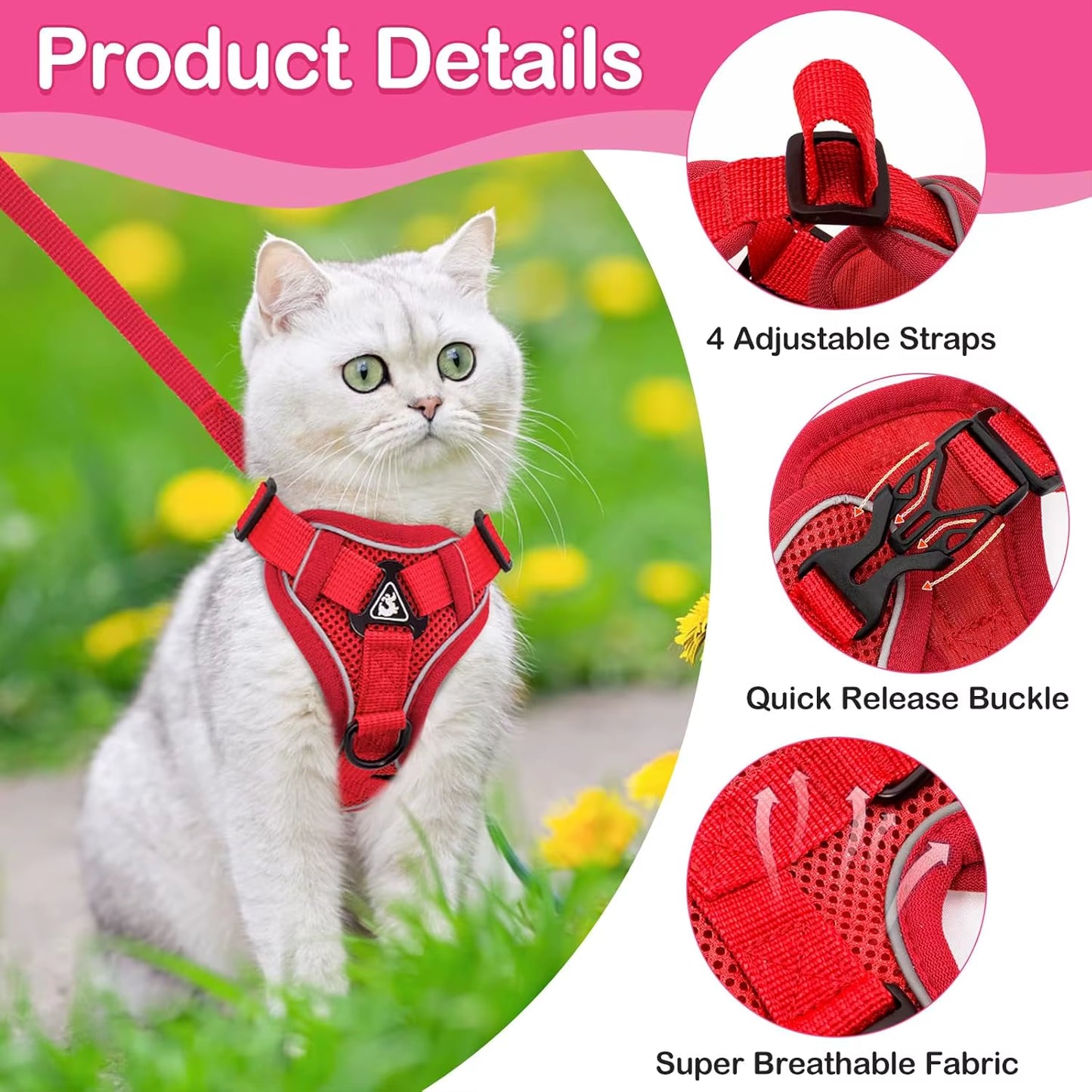 Cat Harness and Leash Set Escape Proof, Breathable Reflective Adjustable Kitten Chest Strap Pet Supplies for Outdoor Walking