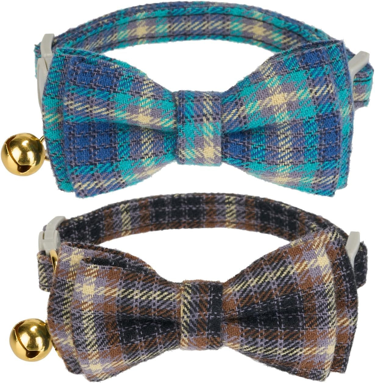 2 Pack Soft Corduroy Cat Collars with Bow Tie & Bell, Adjustable Breakaway Cotton Kitty Bowtie Collar for Girl Boy Kitten (Orange & Green)