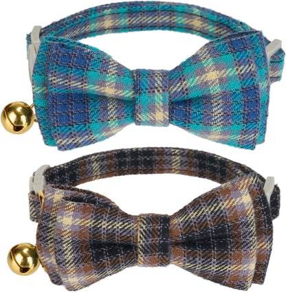 2 Pack Soft Corduroy Cat Collars with Bow Tie & Bell, Adjustable Breakaway Cotton Kitty Bowtie Collar for Girl Boy Kitten (Orange & Green)