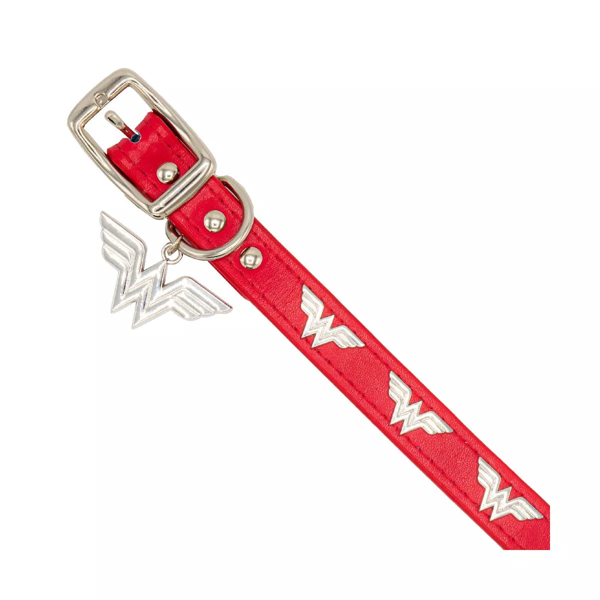 Buckle-Down Vegan Leather Dog Collar - DC Comics Wonder Woman Red with WW Icon Embellishments & Metal Charm