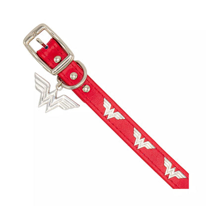 Buckle-Down Vegan Leather Dog Collar - DC Comics Wonder Woman Red with WW Icon Embellishments & Metal Charm