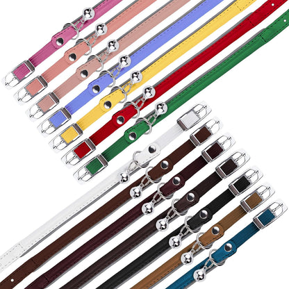 Rolled Leather Cat Collar with Bell, Reflective Kitten Collars with Buckle Include Safety Elastic Strap - Adjustable Small Pet Collars for Boy Girl Cats (White)
