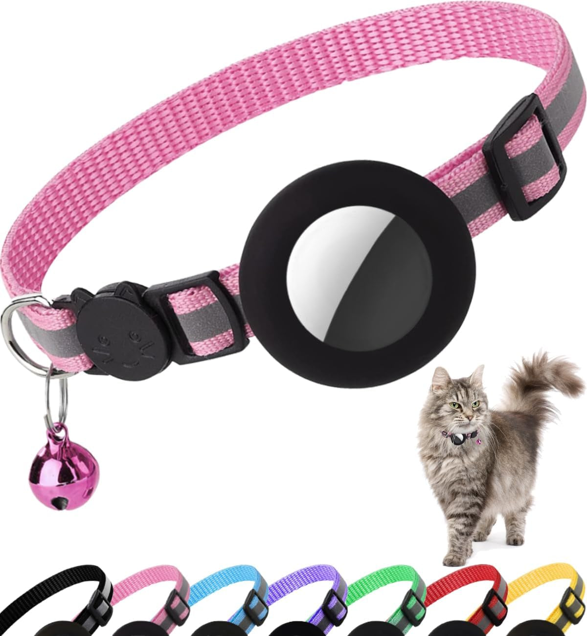 Airtag Cat Collar Breakaway, Reflective Kitten Collar with Apple Air Tag Holder and Bell for Girl Boy Cats, 0.4 Inches in Width and Lightweight(Black)