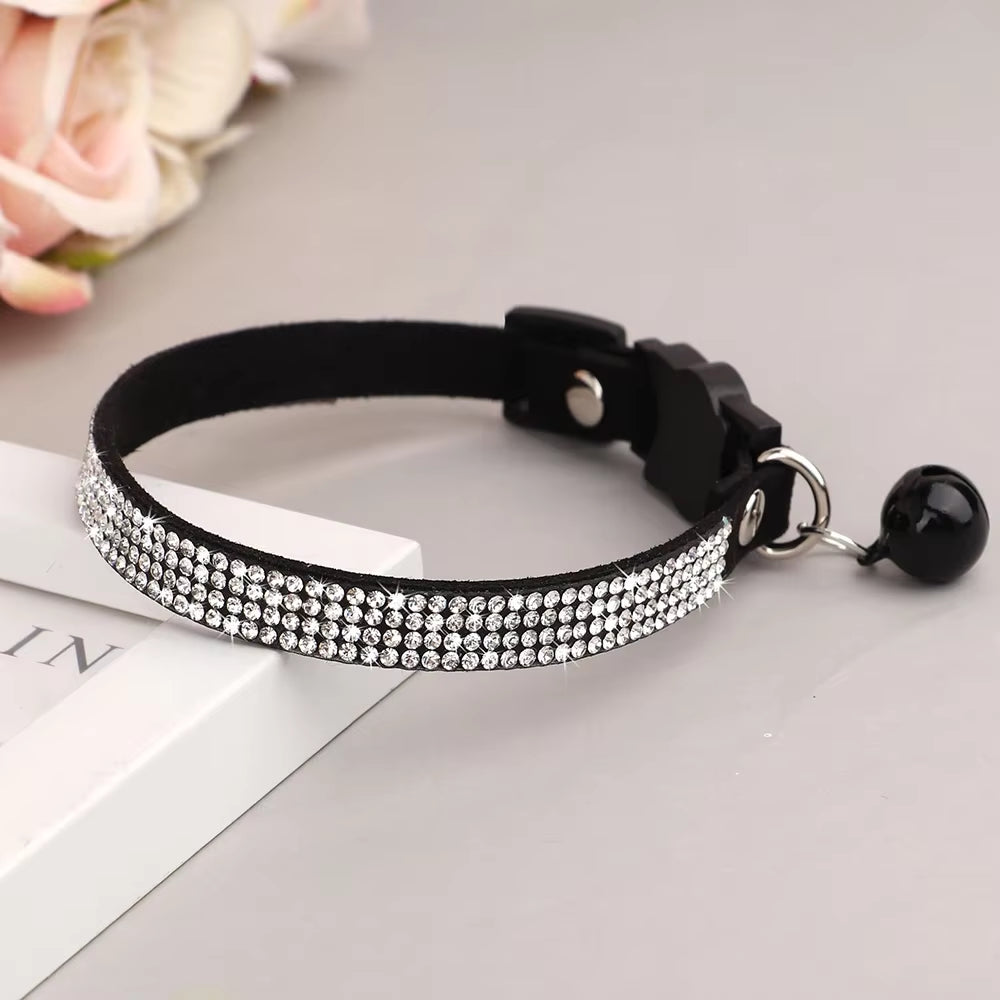 Soft Pink Suede Leather Cat Collar - Cute Bling Rhinestone Design, with Bell & Safety Breakaway Buckle, Adjustable XS/S Sizes