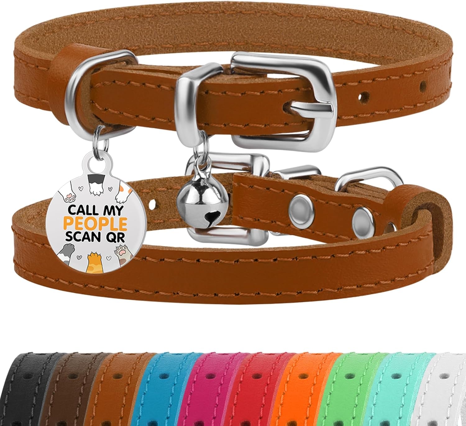 Leather Cat Collar with Removable Bells Non Breakaway Kitten QR Tag for Girl Boy (7" - 9" for Cats, Purple & Gold)