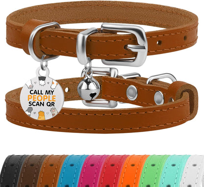 Leather Cat Collar with Removable Bells Non Breakaway Kitten QR Tag for Girl Boy (7" - 9" for Cats, Purple & Gold)