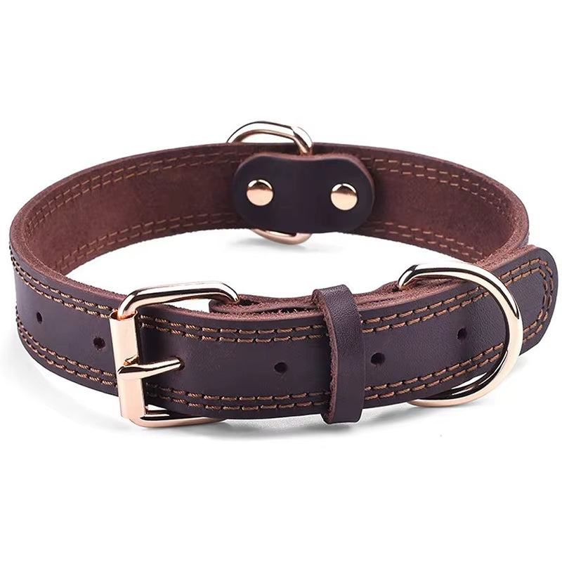 Quality Genuine Leather Dog Collar Durable Vintage Heavy-Duty Rustproof Double D-Ring Pet Collar for Medium Large Dogs