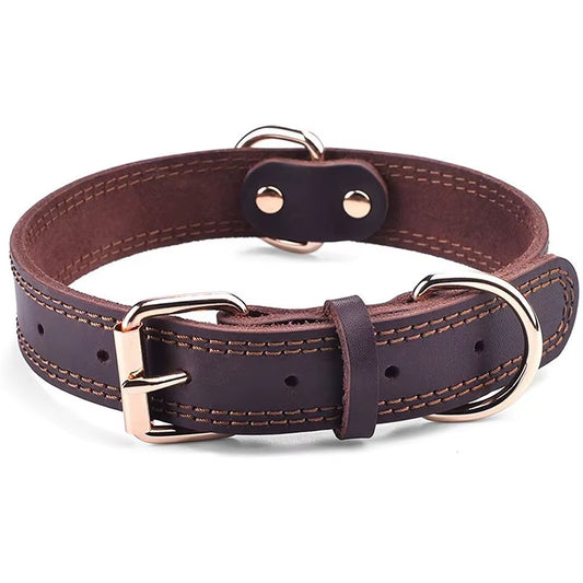 Quality Genuine Leather Dog Collar Durable Vintage Heavy-Duty Rustproof Double D-Ring Pet Collar for Medium Large Dogs