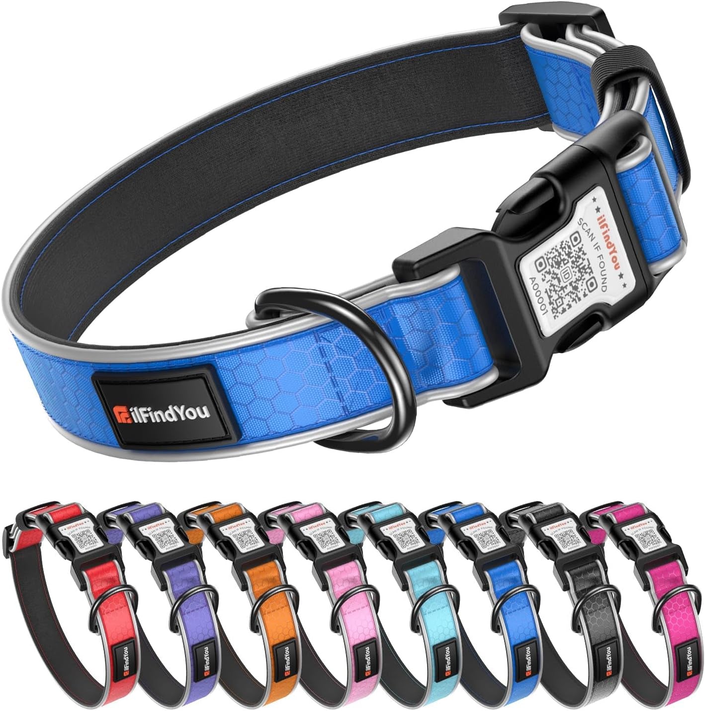 Reflective Dog Collar with QR Code Tag, Personalized Dog Collar, Safety Night Visibility, Anti-Loss Function (Blue, Medium)