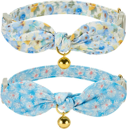Cotton Bowtie Cat Collar with Bell 2 Pack Adjustable Breakaway Kitten Collars with Removeable Bow Pink Girl Cat Collars