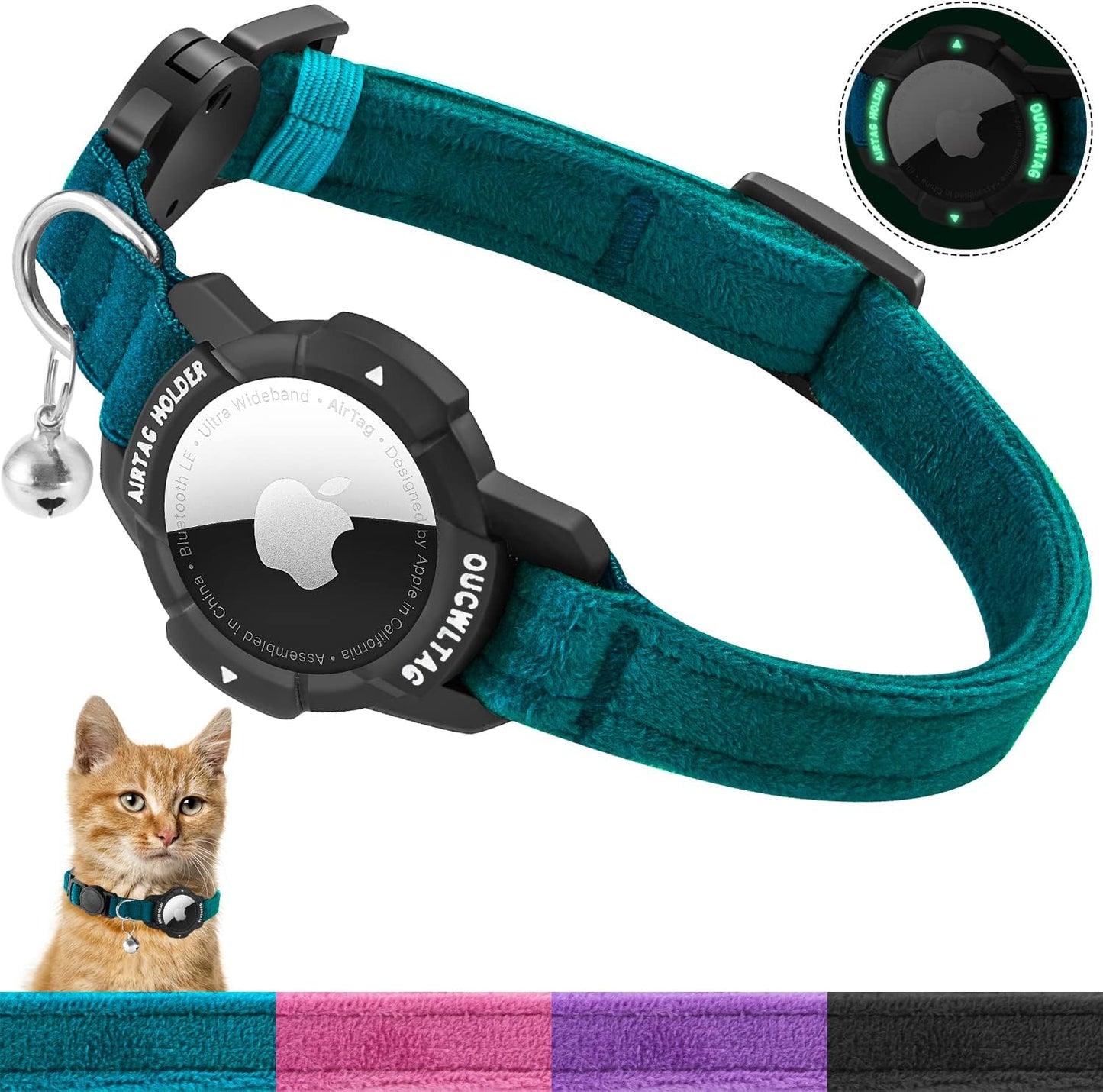 Luminous Airtag Cat Collar Breakaway,  GPS Cat Collar with Apple Air Tag Holder, Cat Tracker Collars with Safety Elastic Band for Girl Boy Cats, Kittens and Puppies (Blue, 9-13 Inch)