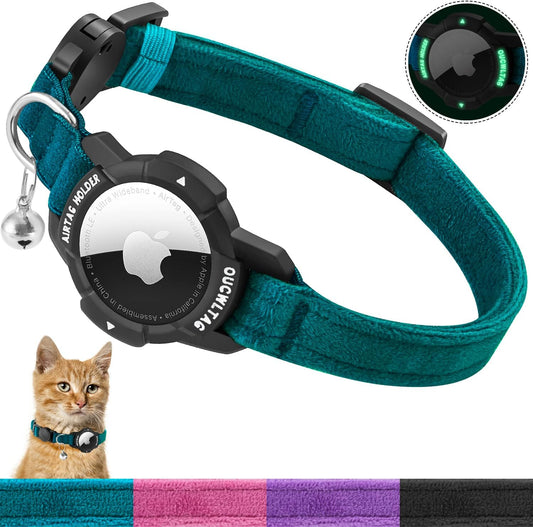 Luminous Airtag Cat Collar Breakaway,  GPS Cat Collar with Apple Air Tag Holder, Cat Tracker Collars with Safety Elastic Band for Girl Boy Cats, Kittens and Puppies (Blue, 9-13 Inch)