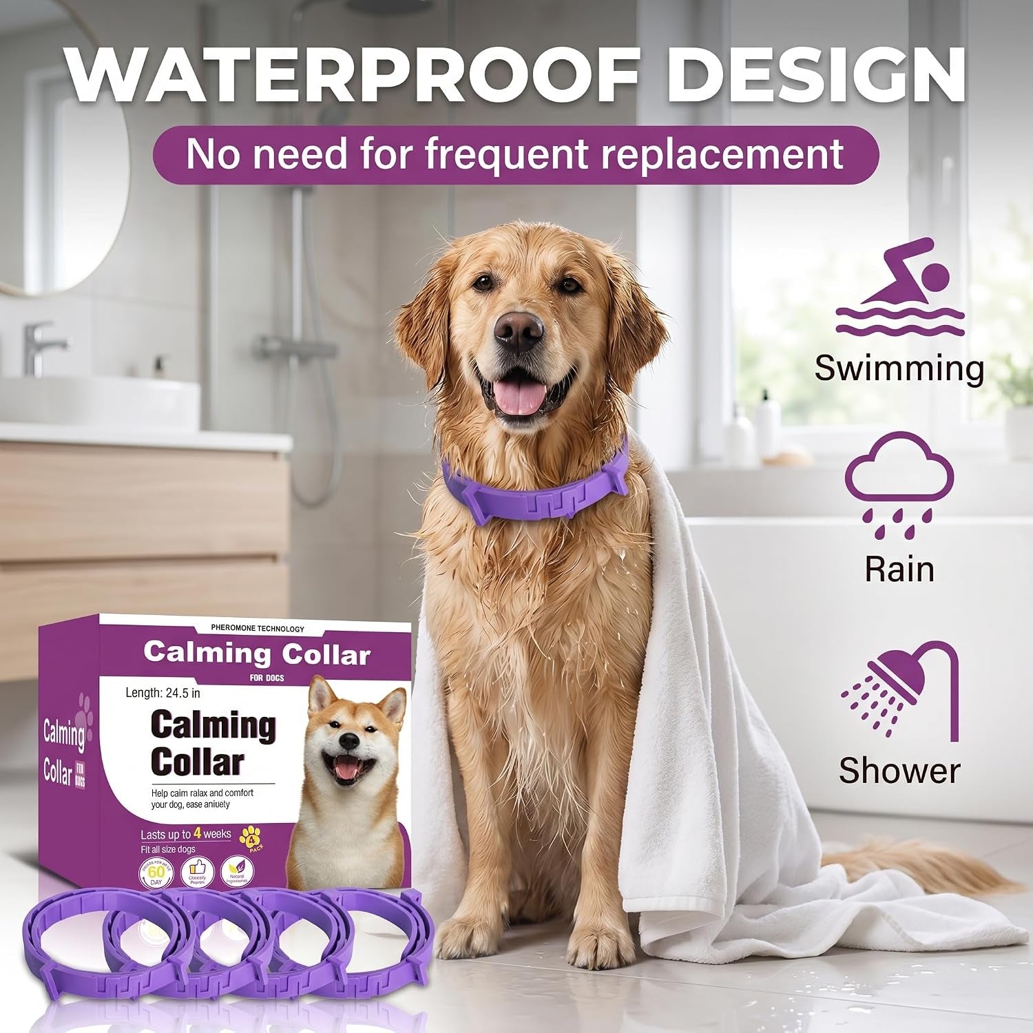 4 Pack Calming Collars for Dogs - Adjustable Silicone for 60 Days of Pheromone Anxiety Relief and Separation Support