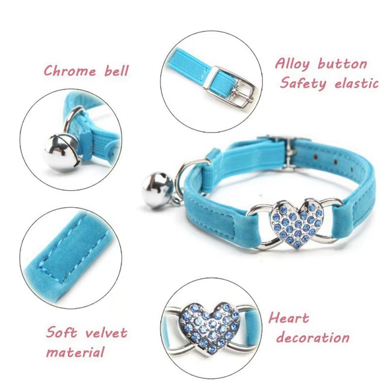 Heart Shaped Cat Collar with Bell Safety Elastic Adjustable Collar Soft Velvet Cat Crystal Collar for Kitten Puppy Pet Supplies