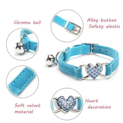 Heart Shaped Cat Collar with Bell Safety Elastic Adjustable Collar Soft Velvet Cat Crystal Collar for Kitten Puppy Pet Supplies