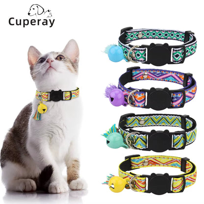 Adjustable Cat Collar Polyester Jacquard Pattern Pet Collar with Bell and Tassel Decoration for Cats and Small Dogs to Keep Lost