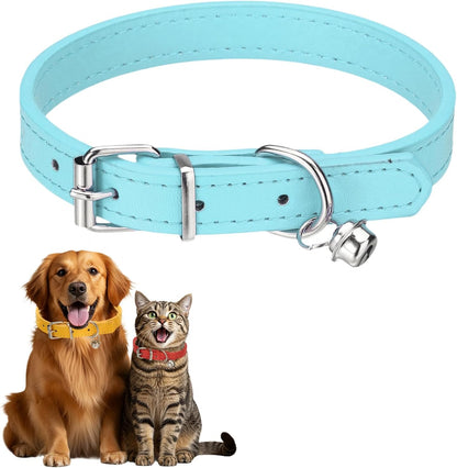 Dog Collar with Bell, Pu Leather Cat Collars Pet Basic Soft Padded Adjustable Buckle, 14.5" (Blue, 1 Pcs), Intended for Teacup/Little Dog/Kitten Cats/Small Animals