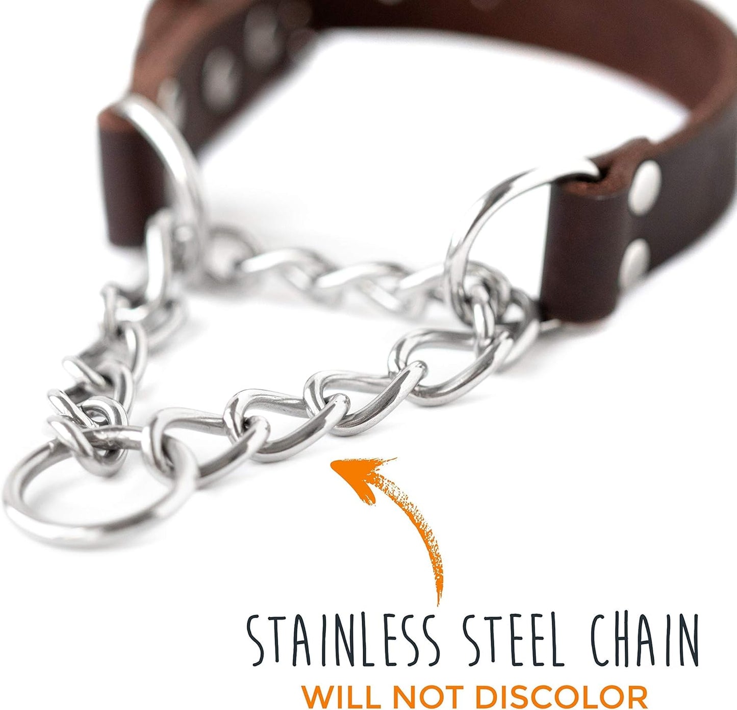 Martingale Dog Collar - No Pull Design - Stainless Steel Chain - Limited Chain Cinch Training - Brown Leather Martingale Training Collar - Small Size