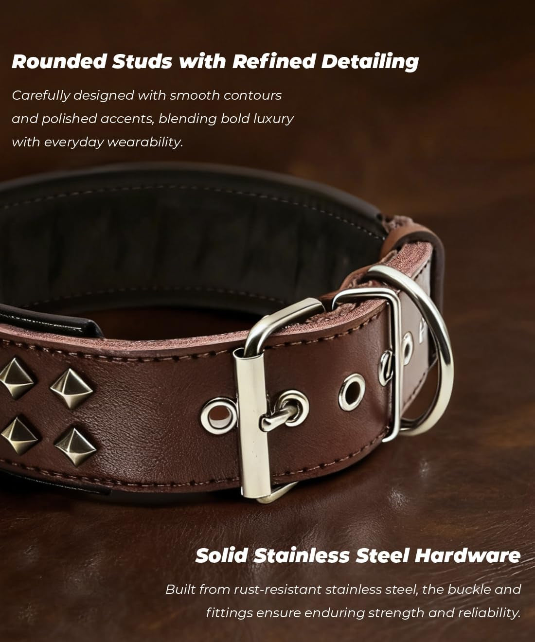 Eliteguard Genuine Leather Dog Collar, 2.2-Inch Handmade Studded with Stainless Steel Buckle, Daily Wear for Large Dogs, Brown 14-18.5 In