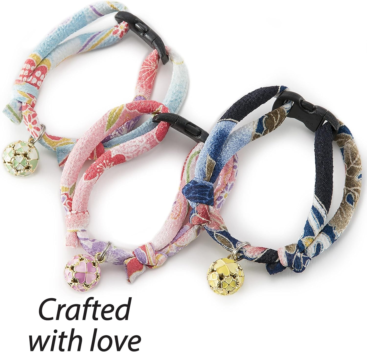 Chirimen Cat Collar with Clover Bell (Navy) with Bell Safety Breakaway Soft Lightweight for Cats Kitty Kitten Japanese Stylish Pattern, No.1 Seller in Japan