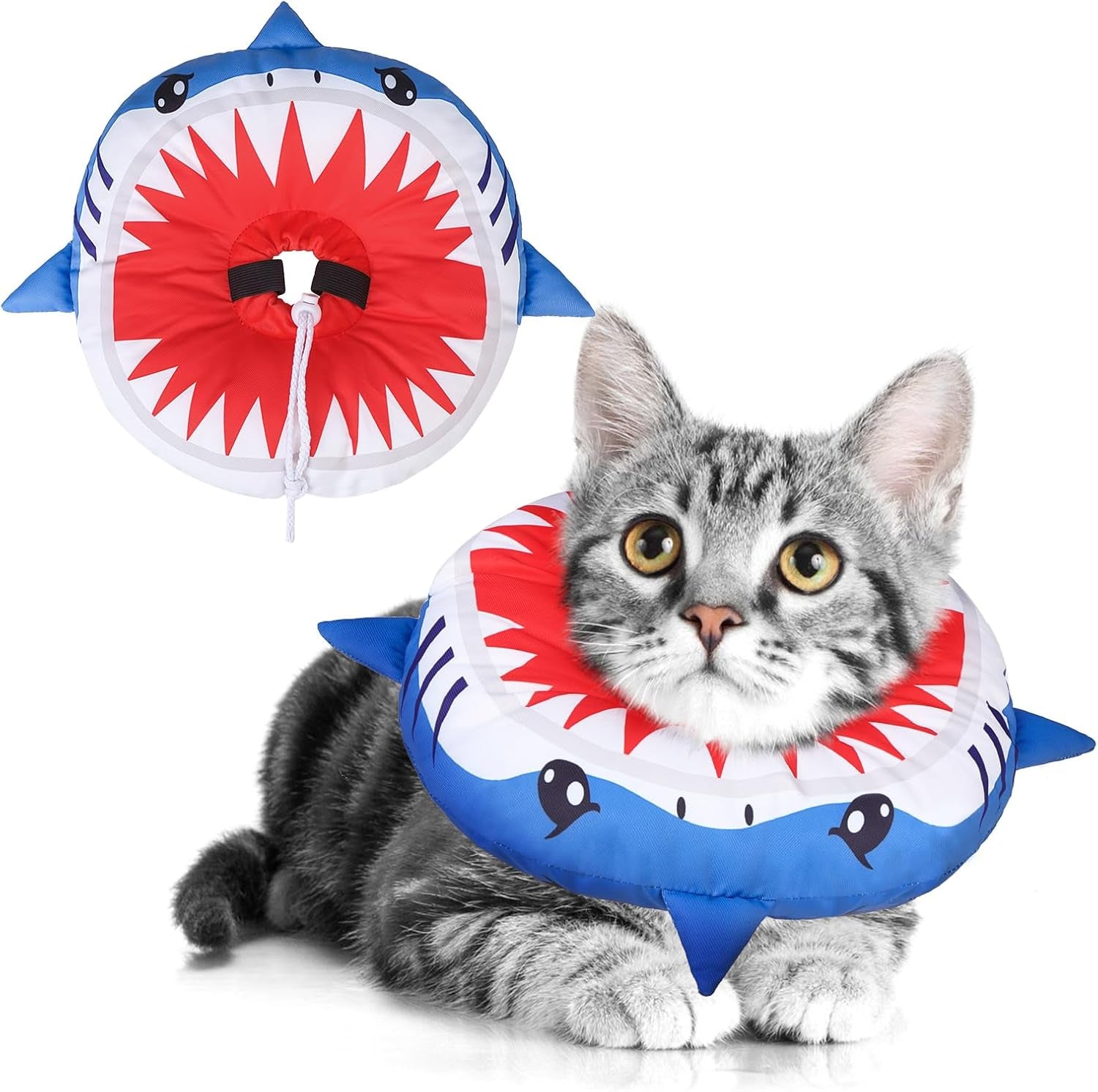 Cat Cone Collars Soft, Cat Recovery E Collars after Surgery to Stop Licking, Adjustable Elizabeth Circle Collar Cute Pet Donut Pillow for Cats Kitten Small Dogs, Cute Shark S