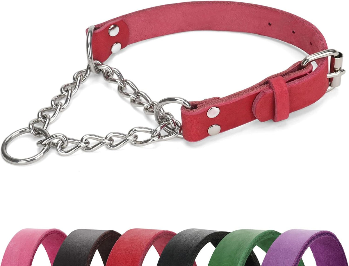 No-Pull Adjustable Martingale Collar for Dogs - Genuine Leather with Stainless Steel Chain, Anti-Slip Design for Small, Medium & Large Breeds - Black (M)
