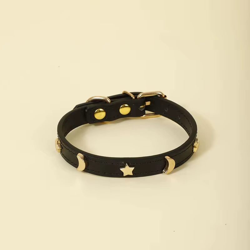 Cute Cat Collar Soft Leather Pet Collars for Small Dog Kitten Puppy Necklace Cats Accessories Star Moon Rivets Decoration XS-M