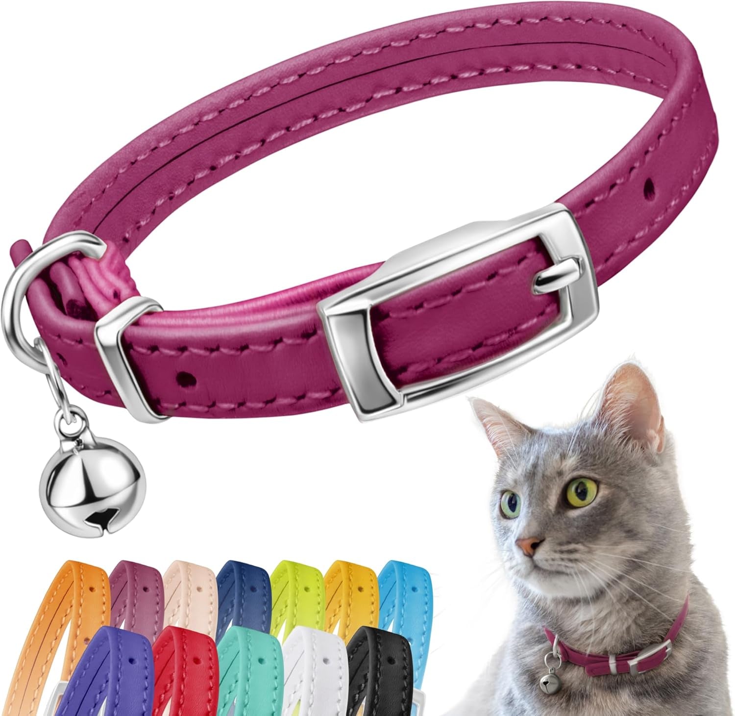 Leather Cat Collar with Removable Bell – Safety Elastic Strap (Breakaway Alternative) – Kitten Collar for Small & Big Boy & Girl Cats