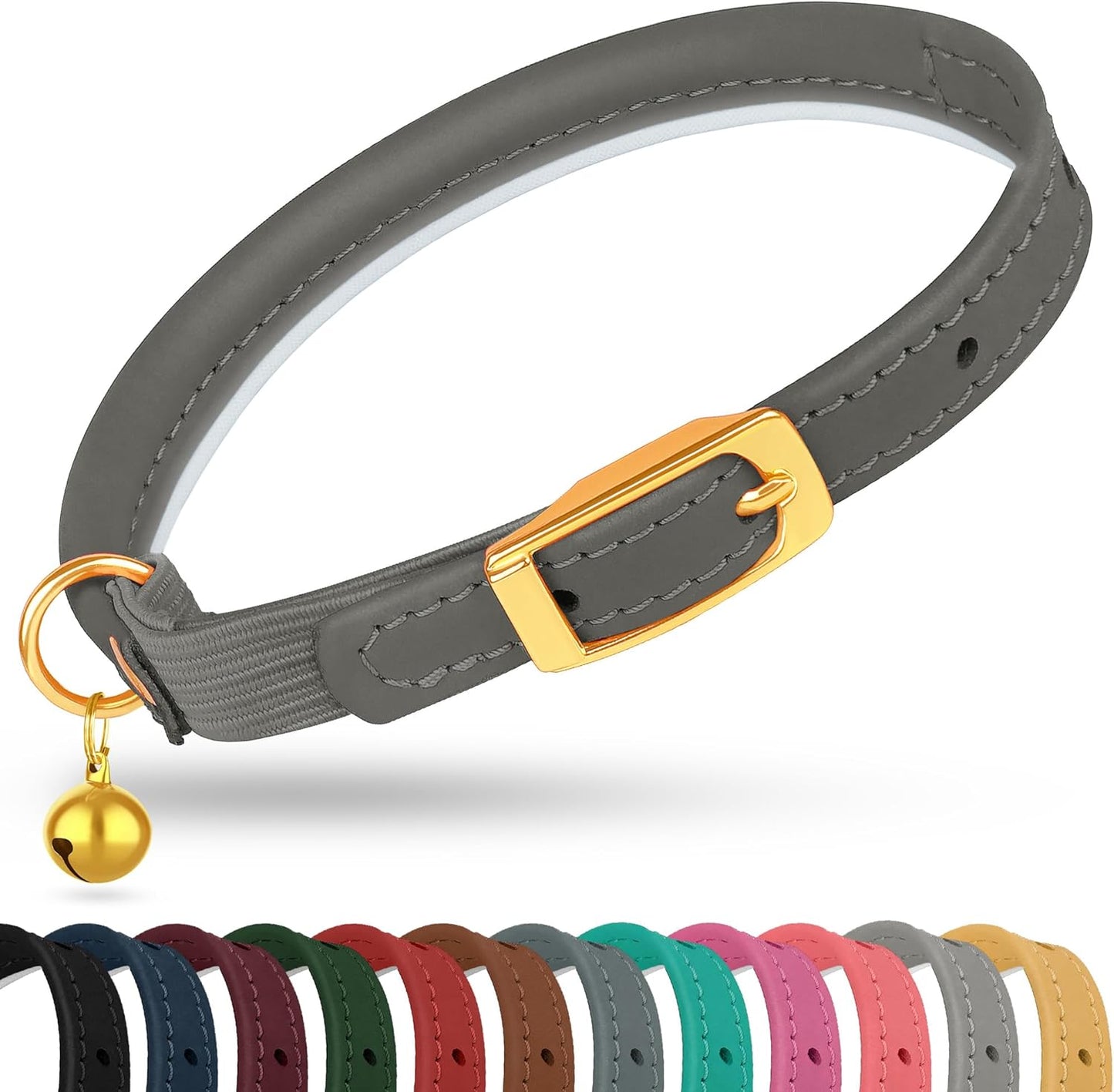 Rolled Leather Cat Collar with Bell - Reflective Kitten Collar with Safety Elastic Strap - Adjustable Small Pet Collars for Boy Girl Cats (Fuchsia)