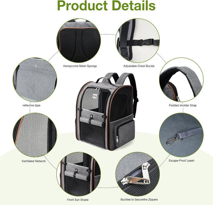 Cat Carrier Backpack, Expandable Pet Carrier with Sun Shade & Full Front Opening, Breathable Mesh Backpack for Small Dogs & Medium Cats up to 18 Lbs, Foldable for Hiking, Camping (Grey)