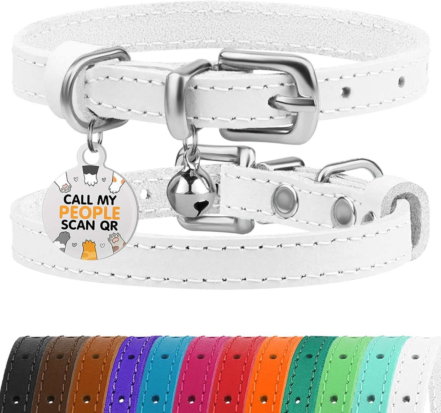 Leather Cat Collar with Removable Bells Non Breakaway Kitten QR Tag for Girl Boy (7" - 9" for Cats, Purple & Gold)