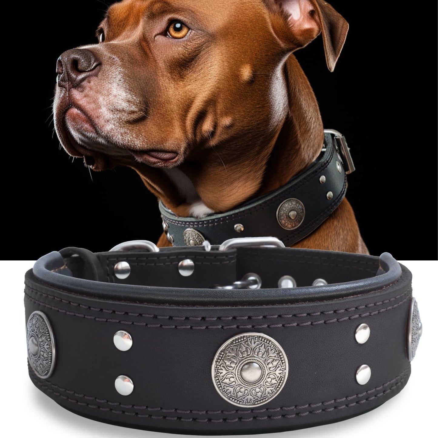 Leather Dog Collar, 2 Inches Wide Heavy Duty Genuine Leather Collars, Handmade, Soft, and Luxury, Eye-Catching Best Choice for Large and Medium Breed Dogs, Orange 18.5-22.5 In
