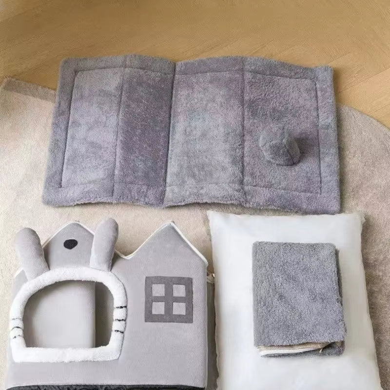 3Kgfoldable Puppy House Small Dog Kennel Bed Mat Winter Cat Warm Bed Nest Pet Double Roof House Basket Pet Puppy Cave Sofa