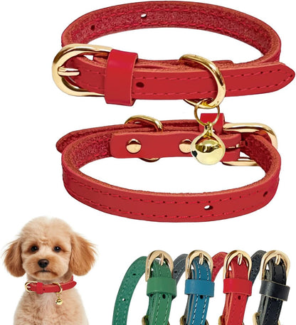 Leather Collar for Puppy, Cute Soft Thin Dogs Collars for Small Medium Dogs, Cat Collar with Bell (Blue, XS, 9"-12")