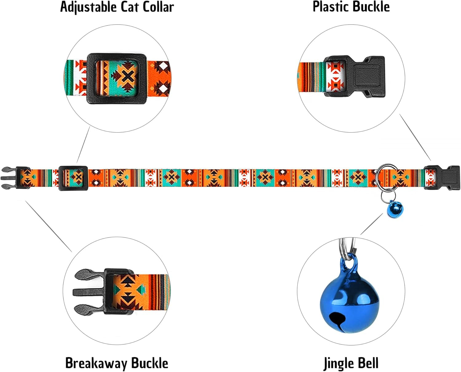 Cat Collars 2 Pack - Soft Cute Breakaway Collar with Bell, Adjustable Safety Kitten Collars for Girl & Boy Cats – Comfortable Stylish Patterned Print Lightweight (Tribal + Southwest)