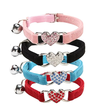 Heart Shaped Cat Collar with Bell Safety Elastic Adjustable Collar Soft Velvet Cat Crystal Collar for Kitten Puppy Pet Supplies