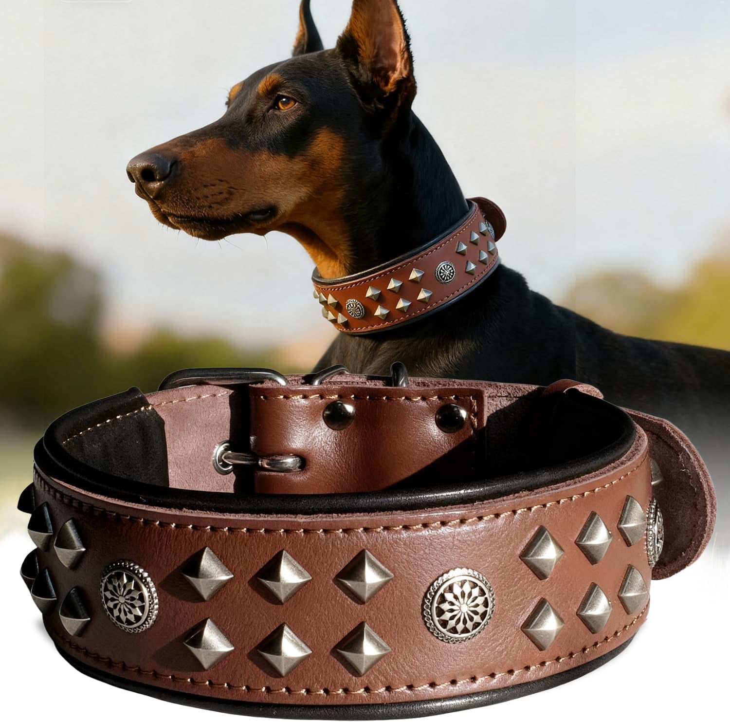 Eliteguard Genuine Leather Dog Collar, 2.2-Inch Handmade Studded with Stainless Steel Buckle, Daily Wear for Large Dogs, Brown 14-18.5 In