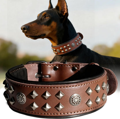 Eliteguard Genuine Leather Dog Collar, 2.2-Inch Handmade Studded with Stainless Steel Buckle, Daily Wear for Large Dogs, Brown 14-18.5 In