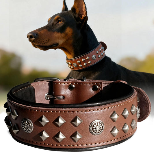 Eliteguard Genuine Leather Dog Collar, 2.2-Inch Handmade Studded with Stainless Steel Buckle, Daily Wear for Large Dogs, Brown 14-18.5 In