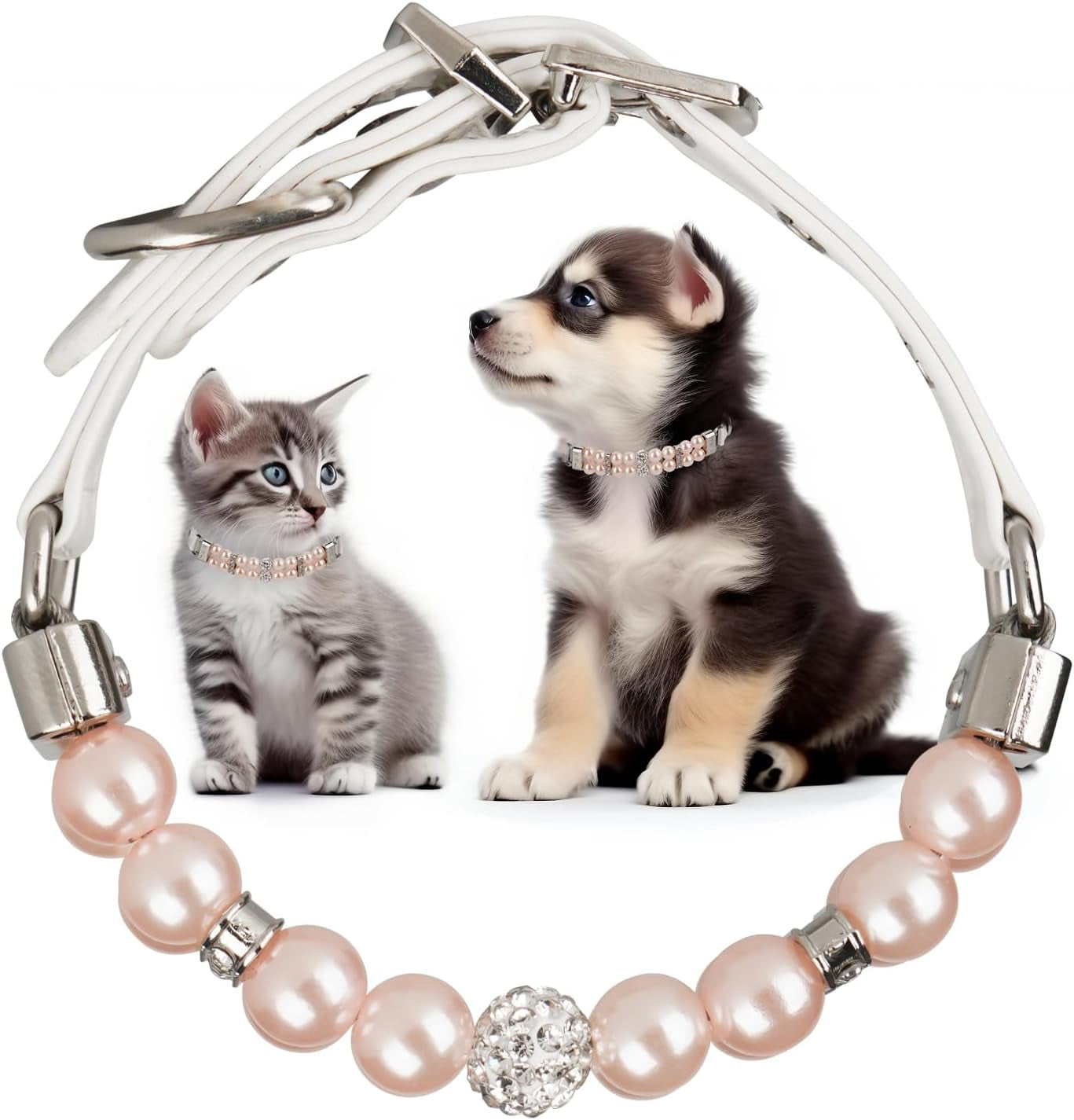 Luxury Pearl Pet Collar with Crystal Accents, Adjustable White Leather Strap, Rhinestone Decorative Design for Dogs and Cats (Fuchsia, XS(6"-8.8"))