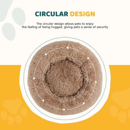 24 Inch Fluffy Donut Dog Bed for Small/Medium Dog, Medium Calming Pet Bed, Soft Plush, Anti-Anxiety, Machine Washable, Brown