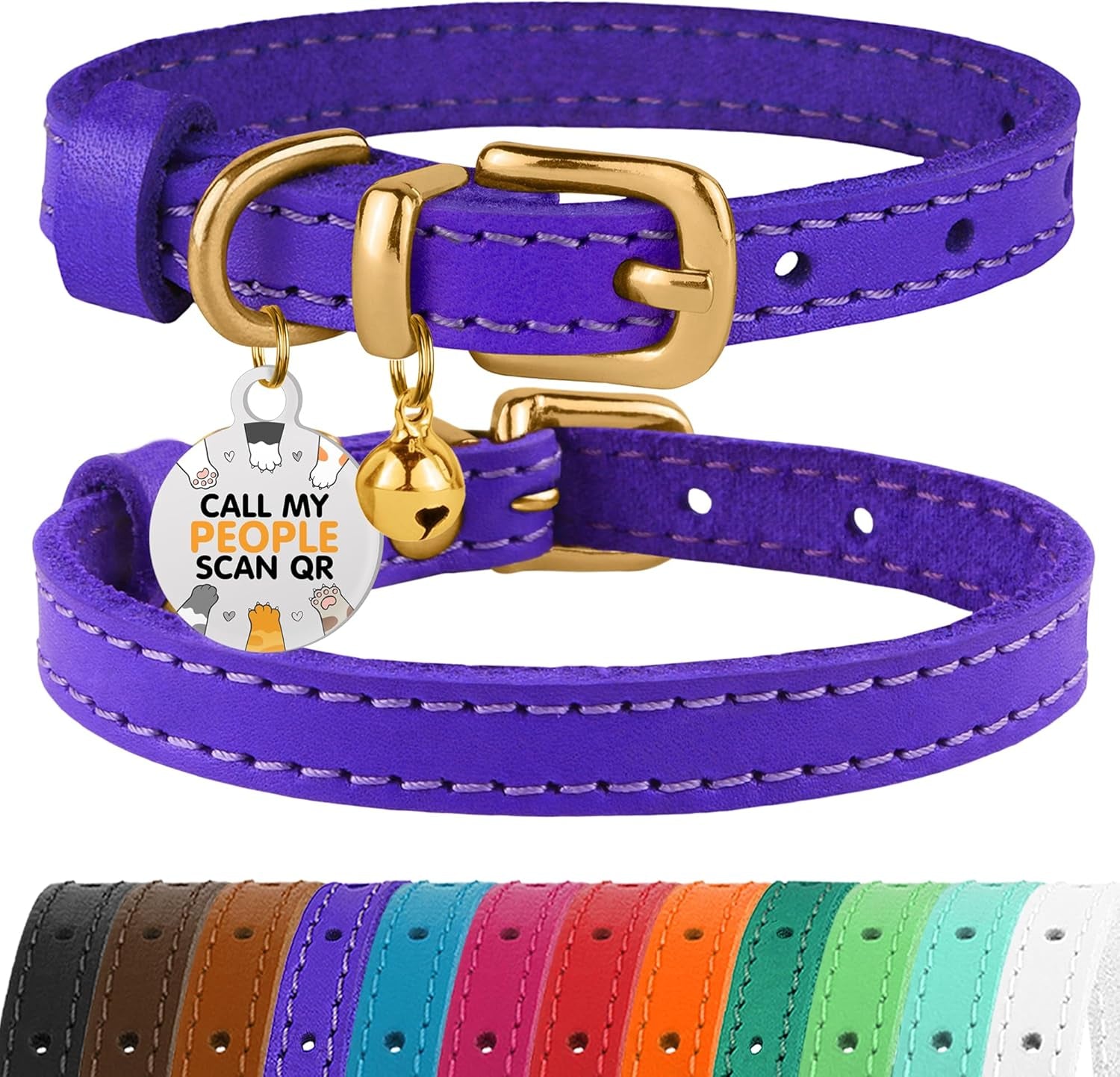 Leather Cat Collar with Removable Bells Non Breakaway Kitten QR Tag for Girl Boy (7" - 9" for Cats, Purple & Gold)