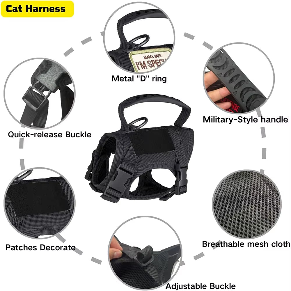 Tactical Cat Dog Harness Leash for Working Adjustable Pet Vest Harness Soft Mesh Training Puppy Straps with Handle for Large Cat