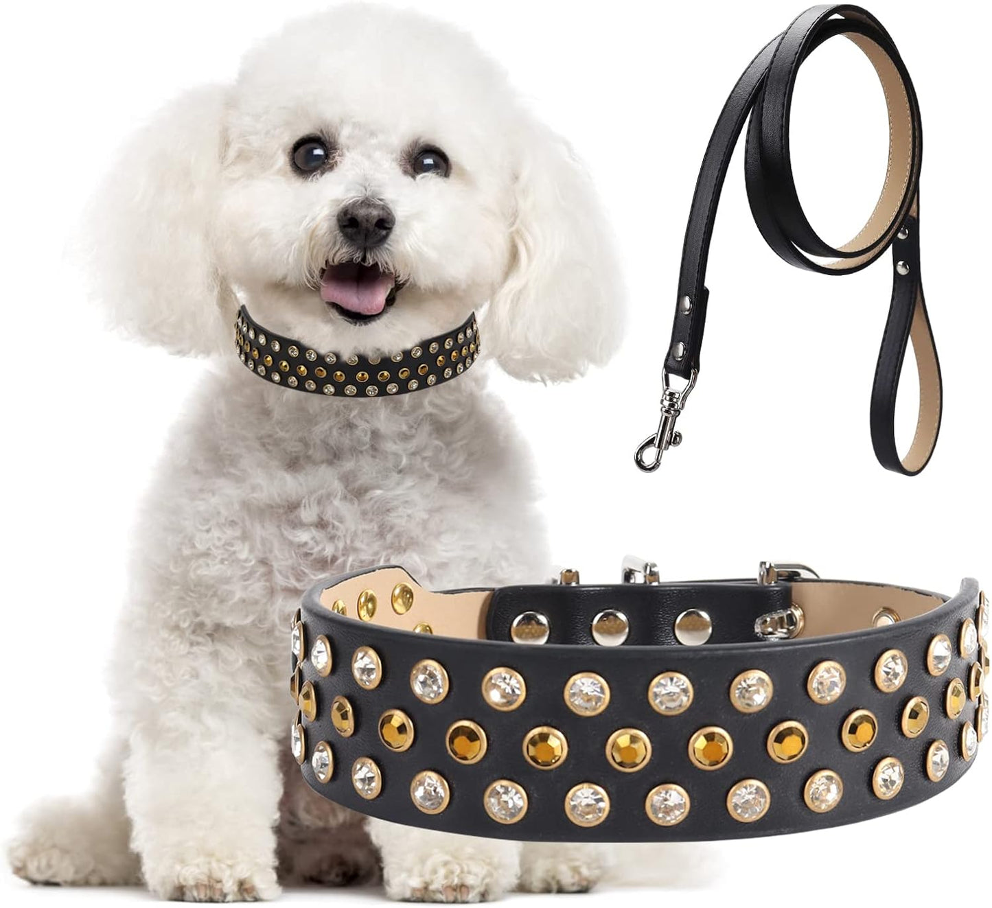 Rhinestone Dog Collar, Bling Diamond Pet Collars with Leash Adjustable, Dazzling Sparkly Crystal Studded Microfiber Leather Spiked Puppy Collar Cute for Small and Medium Large Girl Dogs Cats