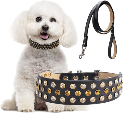 Rhinestone Dog Collar, Bling Diamond Pet Collars with Leash Adjustable, Dazzling Sparkly Crystal Studded Microfiber Leather Spiked Puppy Collar Cute for Small and Medium Large Girl Dogs Cats