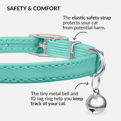 Leather Cat Collar with Removable Bell – Safety Elastic Strap (Breakaway Alternative) – Kitten Collar for Small & Big Boy & Girl Cats