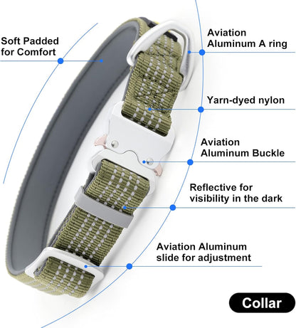 Reflective Dog Collar with Aviation Aluminum Buckle, Neoprene Padded for Comfort, Lightweight, Heavy Duty Nylon Collar for Puppy Small Medium Large Dogs (Ranger Green, L)